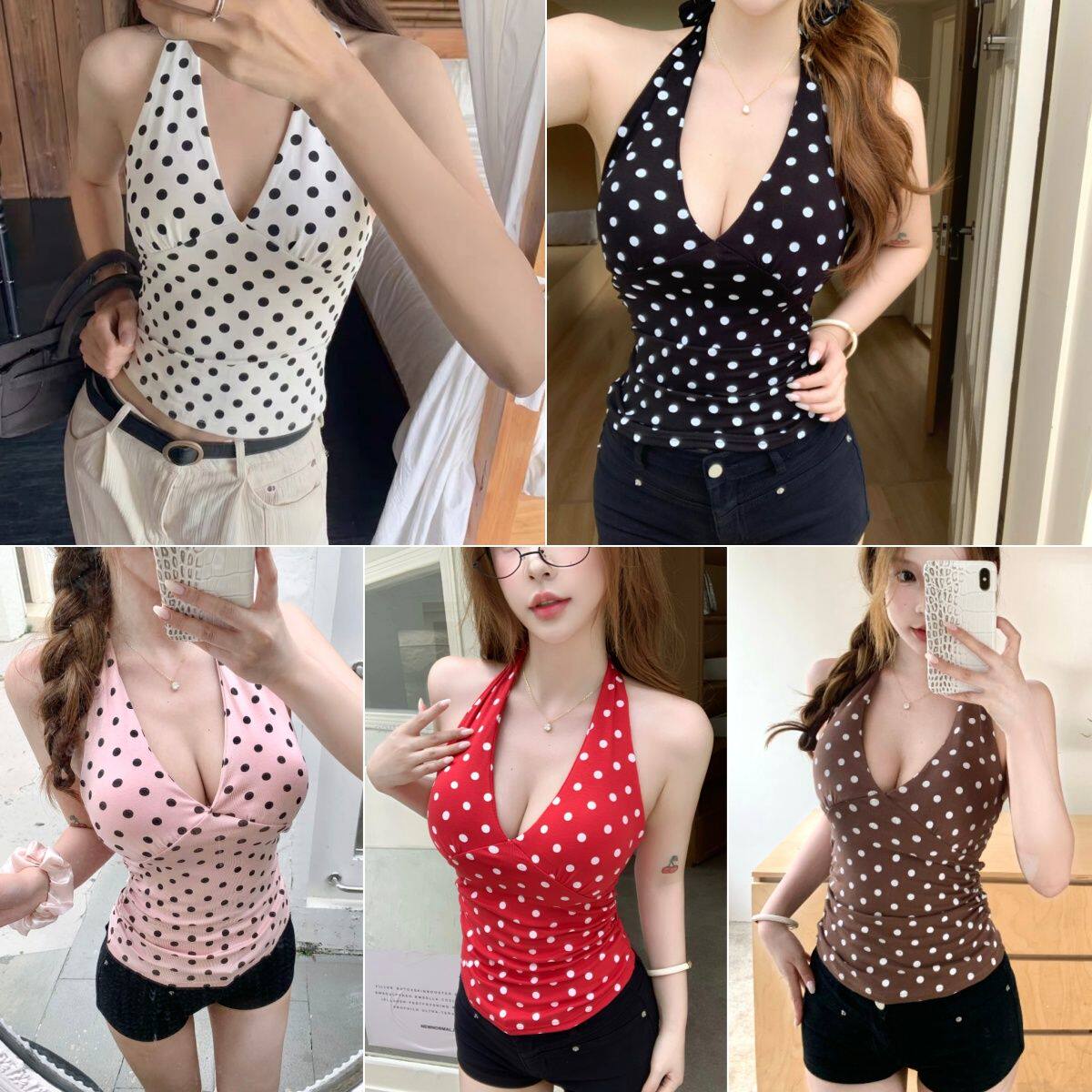 带胸垫 辣妹波点V领挂脖露背吊带背心女夏修身掐腰显瘦无袖上衣