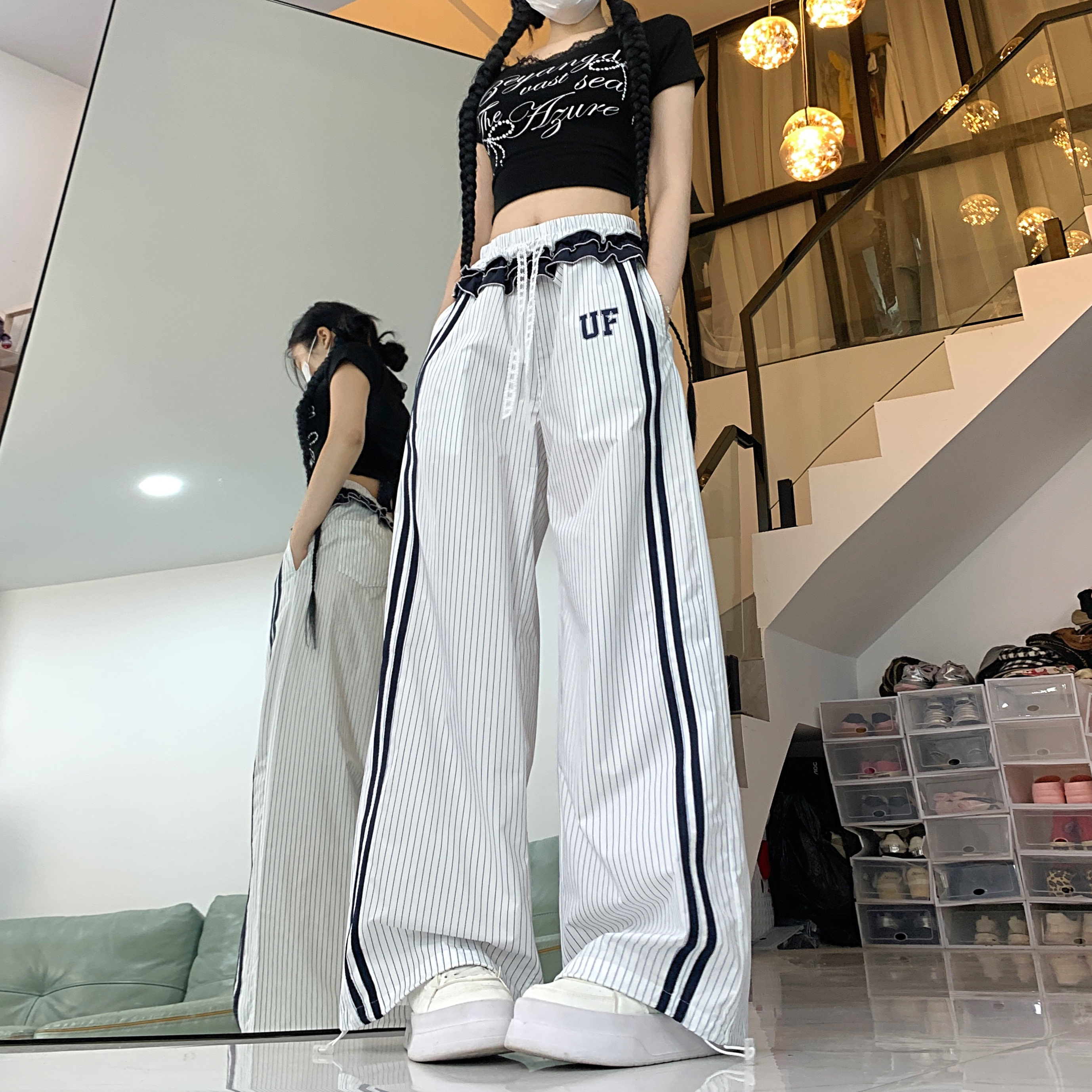 美式复古双腰头拼接条纹休闲裤