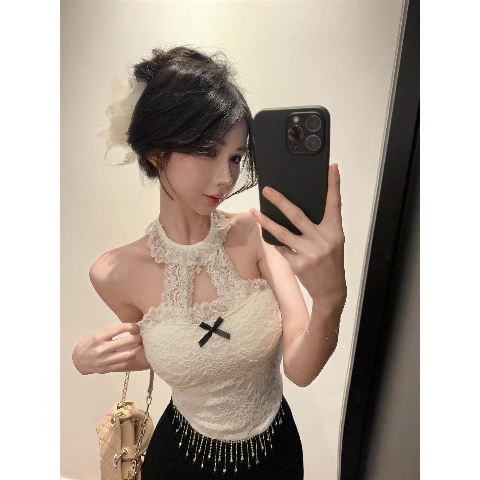 带胸垫小香风蕾丝挂脖吊带背心女夏季纯欲辣妹抹胸上衣打底衫内搭