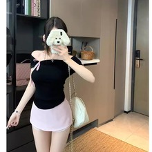 韩系一字肩蝴蝶结系带短袖t恤女夏季甜美风设计黑色修身显瘦上衣