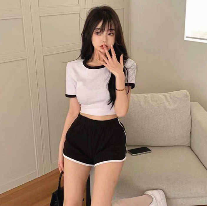 运动套装女夏季短款撞色T恤露脐短袖上衣搭配休闲短裤两件套ins潮