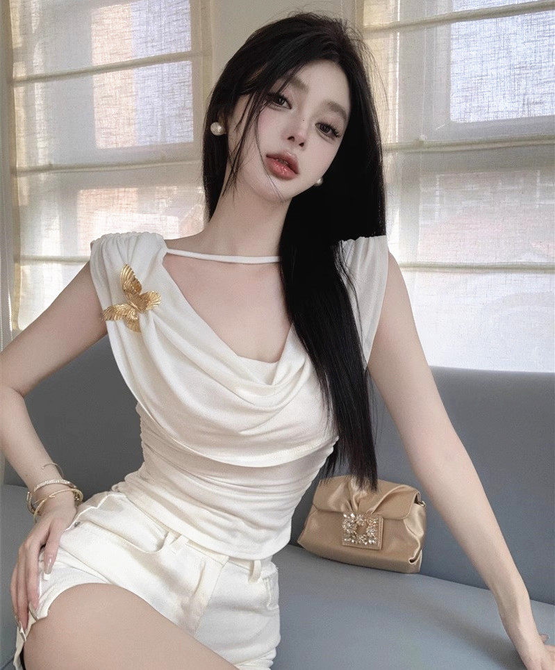 甜辣妹别致性感荡领锁骨吊带背心