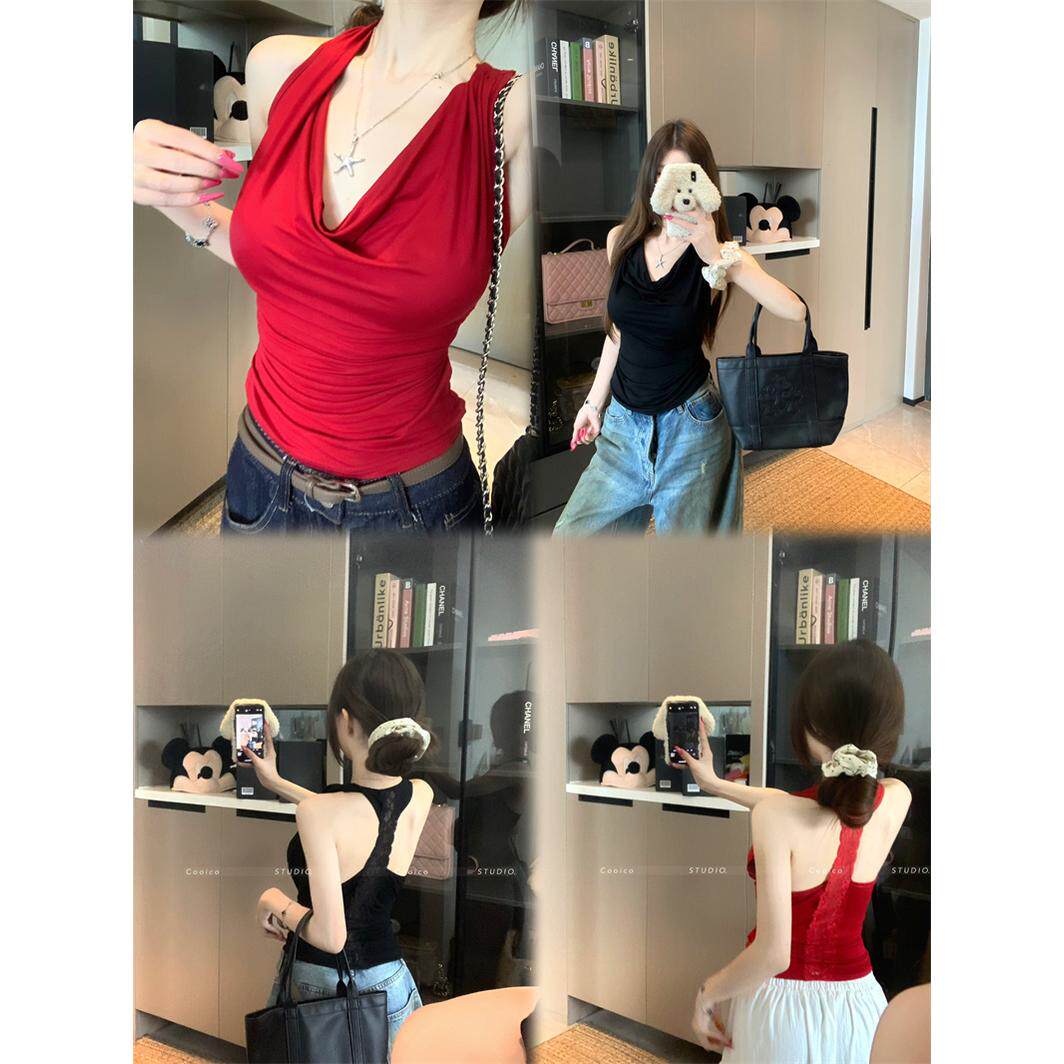 法式红色荡领吊带小背心女夏季性感辣妹蕾丝镂空工字短款外穿上衣