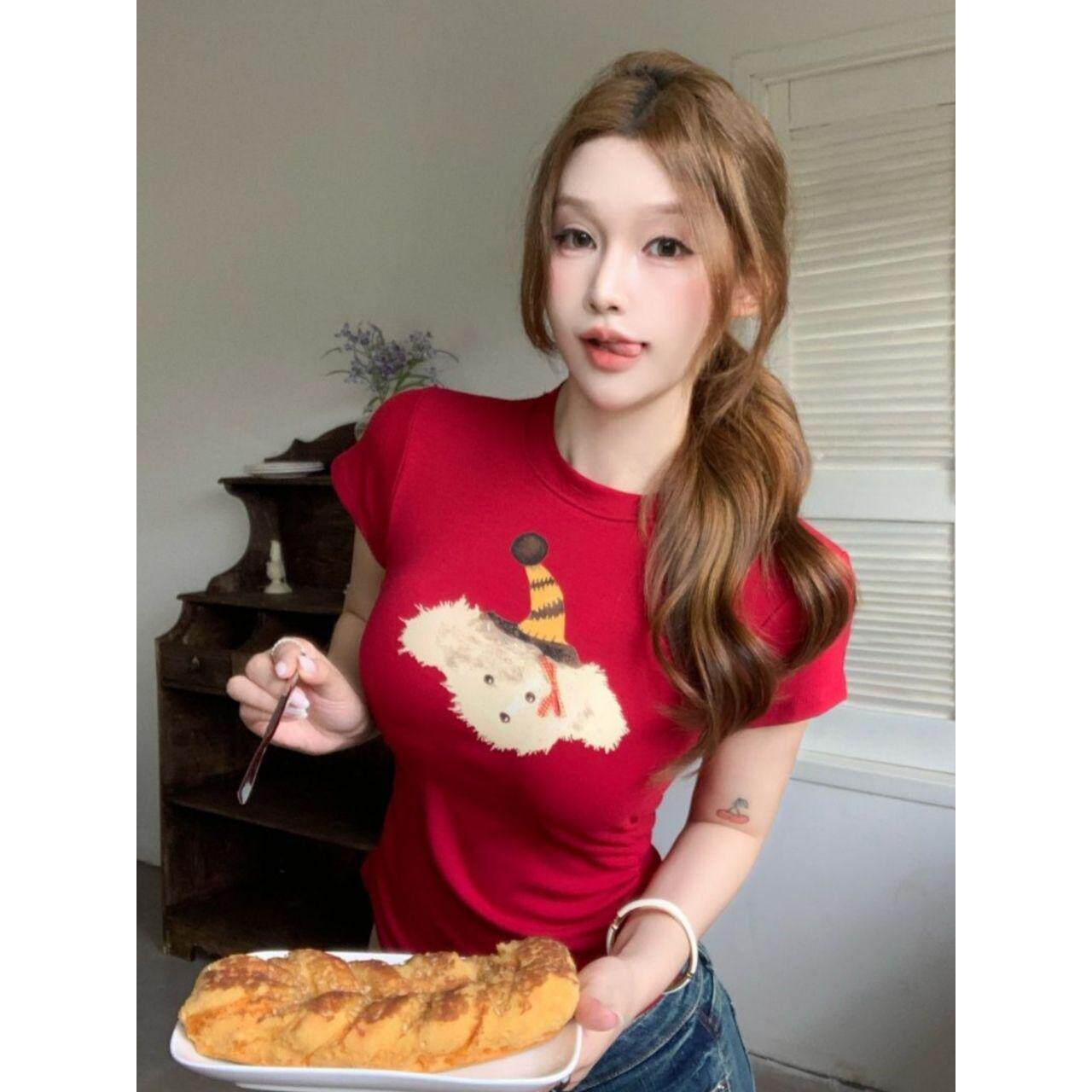 韩系辣妹正肩短袖t恤女夏季
