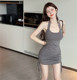纯欲辣妹挂脖吊带连衣裙女2024年夏季 新款 设计感抽绳紧身包臀短裙