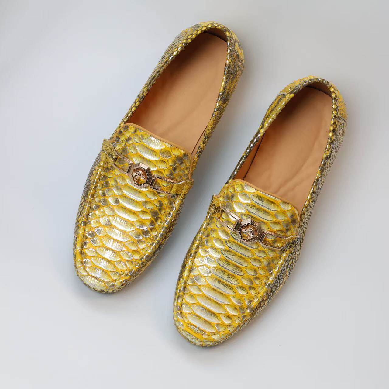 进口真蟒蛇皮男鞋休闲豆豆鞋2025新款百搭真皮一脚蹬驾车懒人鞋男