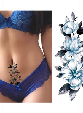 纹身贴防水女持久仿真手臂胸口锁骨遮疤痕贴纸蓝色花朵满10元包邮