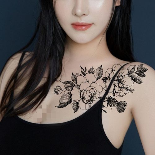 纹身贴纸手臂锁骨线条素花女男防水黑色花朵大张遮疤痕满10元包邮