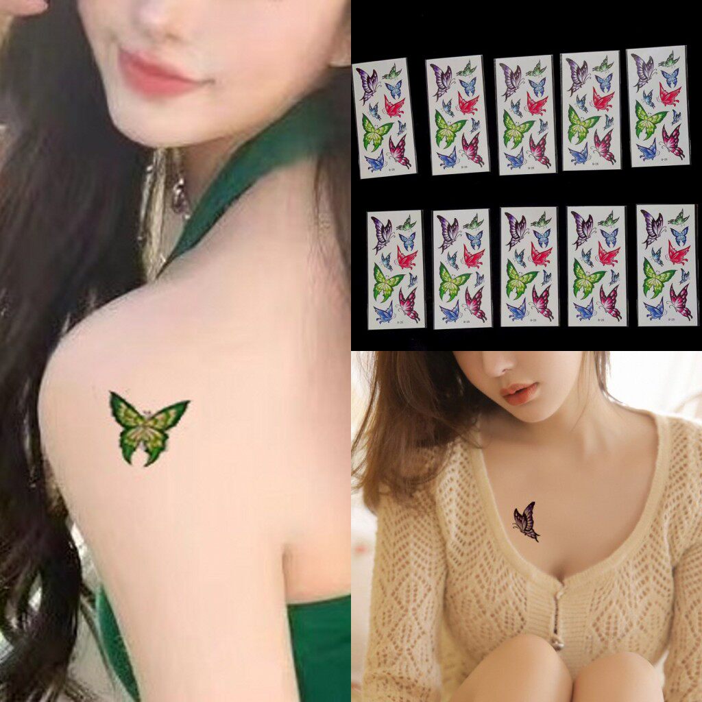绿色蝴蝶纹身贴防水持久胸前手腕手小图案小贴纸一套10张套装包邮