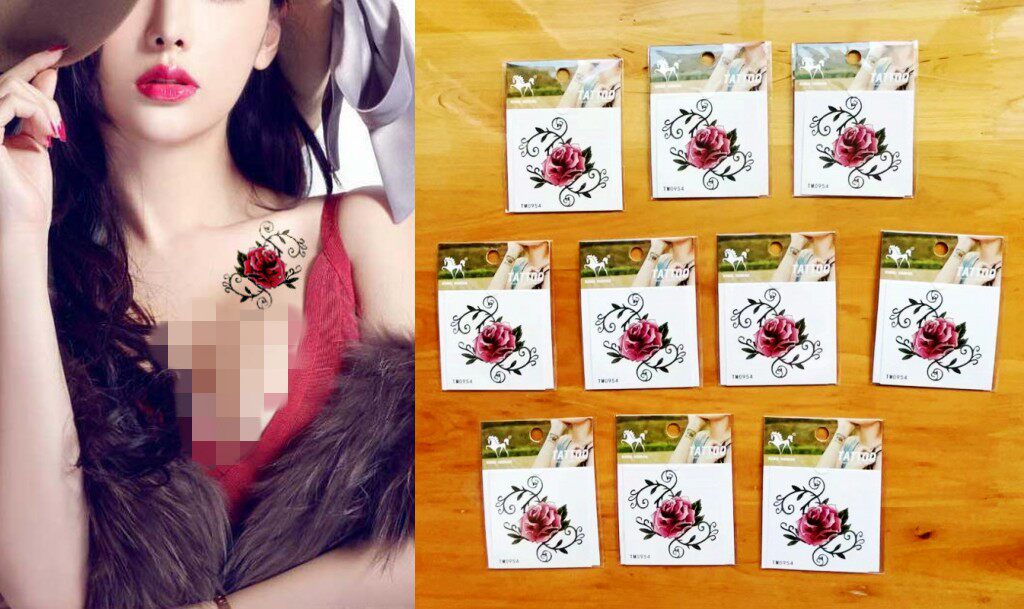 小图案纹身贴纸防水持久玫红玫瑰图腾性感遮疤痕一套10张套装包邮