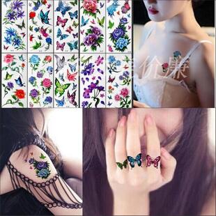 包邮套装纹身贴纸防水女款樱花蝴蝶胸部暂时性纹身贴小图案持久