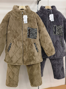 冬季新品79210舒适美狐绒夹棉加厚保暖男士套装家居服睡衣