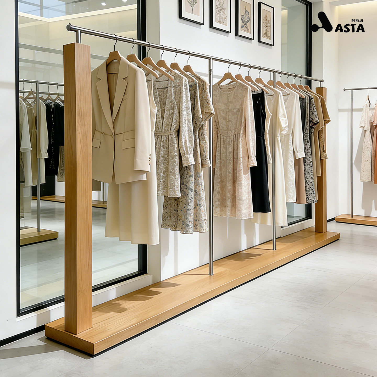 原木色服装店展示架落地式中岛架女装店挂衣架木纹陈列架侧挂架