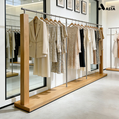 原木色服装店展示架落地式中岛架女装店挂衣架木纹陈列架侧挂架