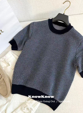 KnowKnow Closet. | 只做对版 千鸟格提花藏蓝色羊毛短袖上衣女