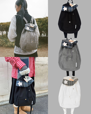 NICE新款韩国themuseumvisitor平替大容量背包星星格纹拼接双肩包