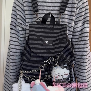 NICE原创新款 机能双肩复古条纹学生双肩包大容量韩国格纹书包痛包