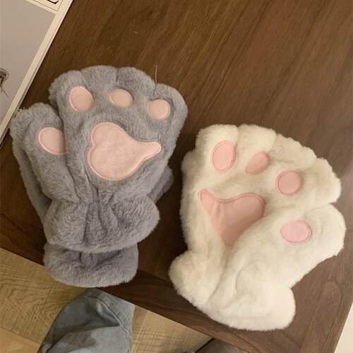 可爱猫爪半指手套女冬天加绒保暖