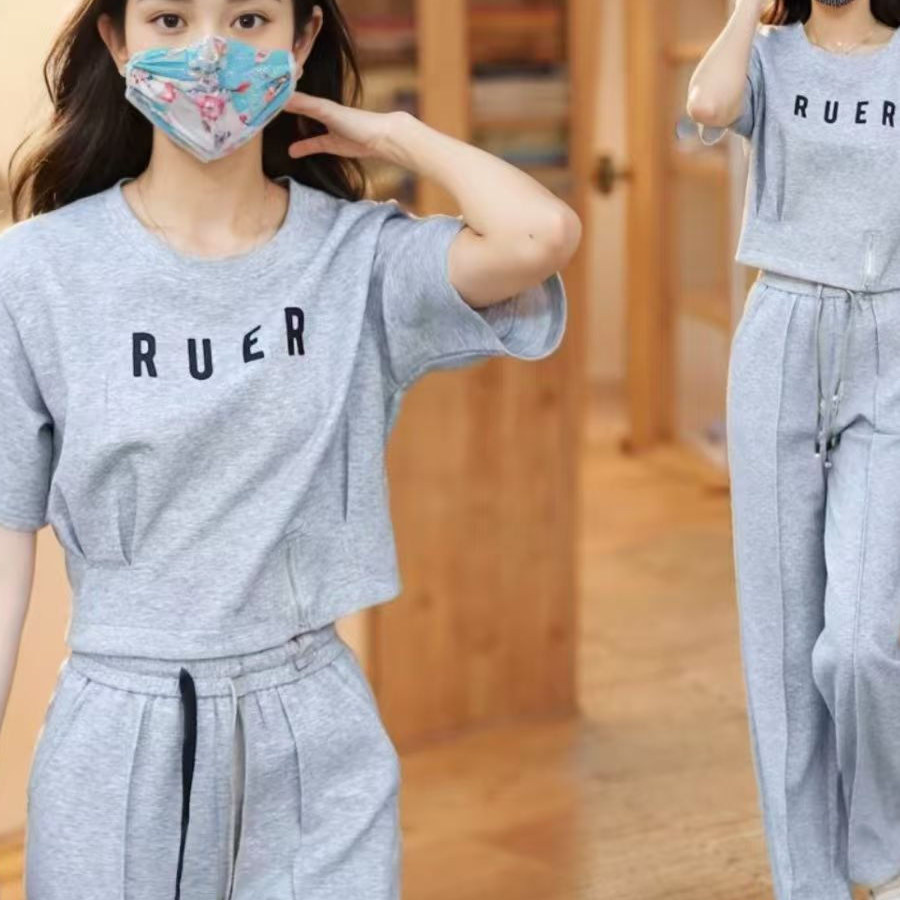 夏季棉料运动服套装女2025新款收腰显瘦短袖上衣阔腿裤气质两件套