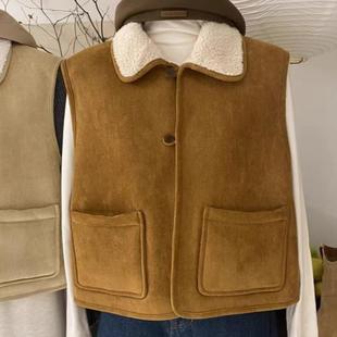 韩系美拉德娃娃领皮毛一体马夹女冬季 显瘦保暖麂皮绒短外套 新品