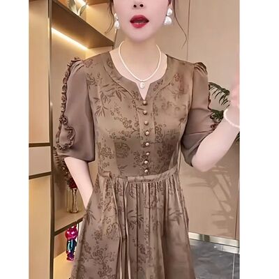 2025年春季七分袖连衣裙中长a字裙高级感时尚减龄高腰显瘦妈妈女