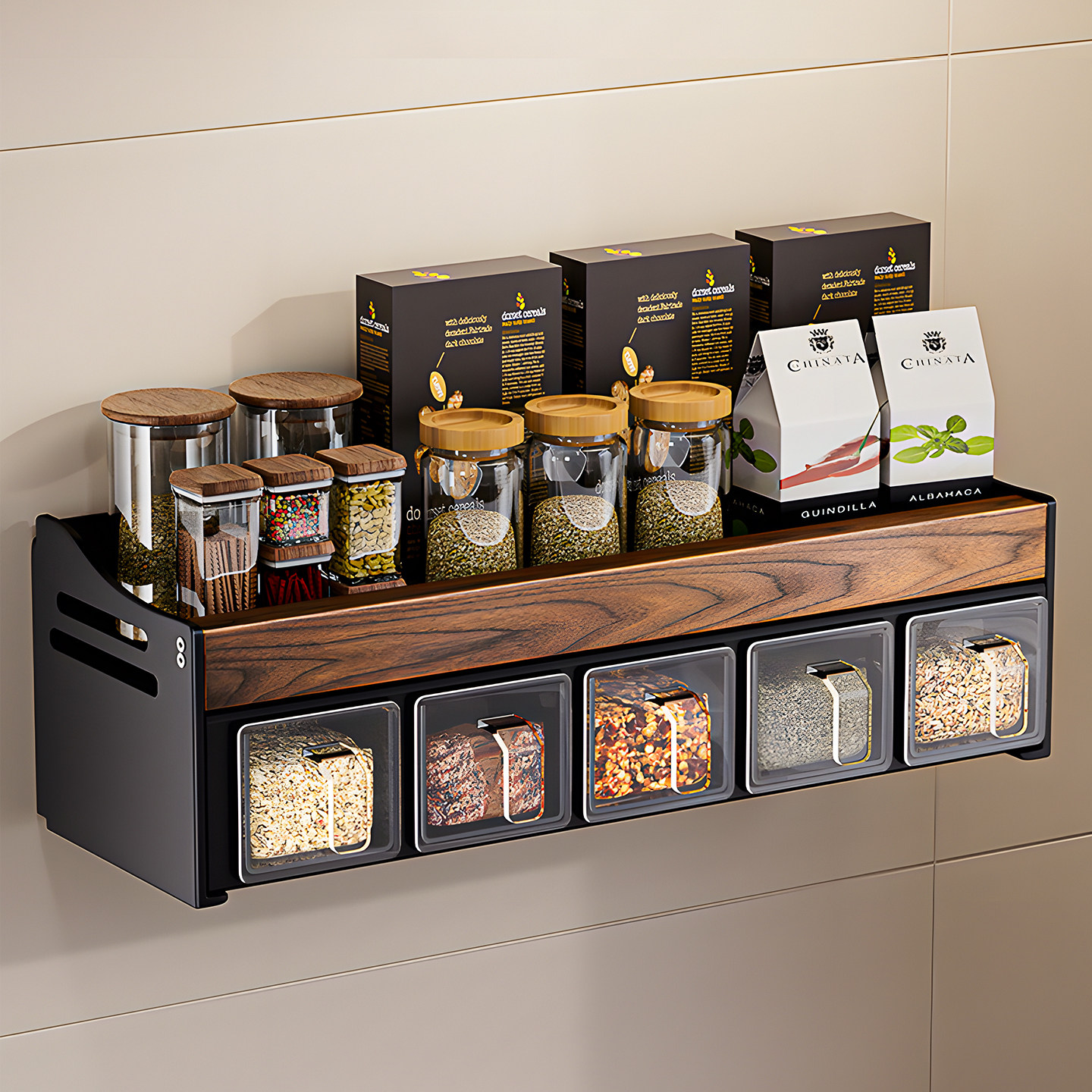 Madors厨房胡桃木调料置物架家用调料品收纳免打孔壁挂调味料储物