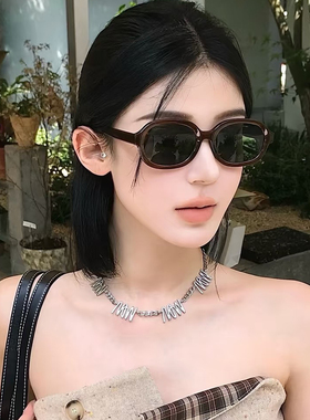 小红书冷茶色复古椭圆框墨镜女