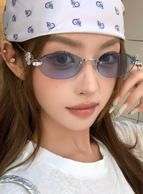 欧美风辣妹蓝色无框太阳镜女镶钻