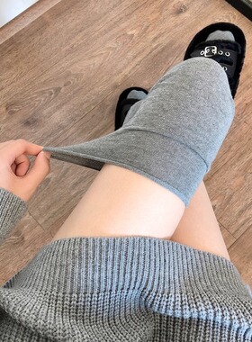 春秋薄款过膝袜~卷边拼接竖条灰色休闲长袜纯棉透气袜子秋季女