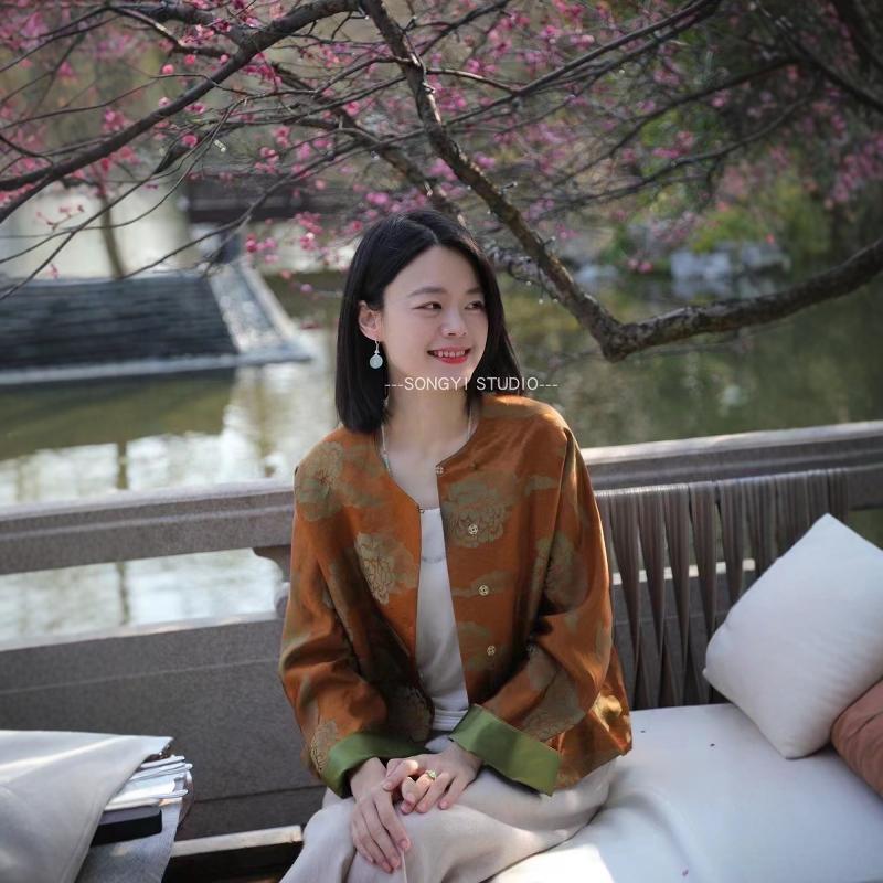 SONG YI 入秋新款真丝亚麻色织新中式原创设计开襟简洁外套