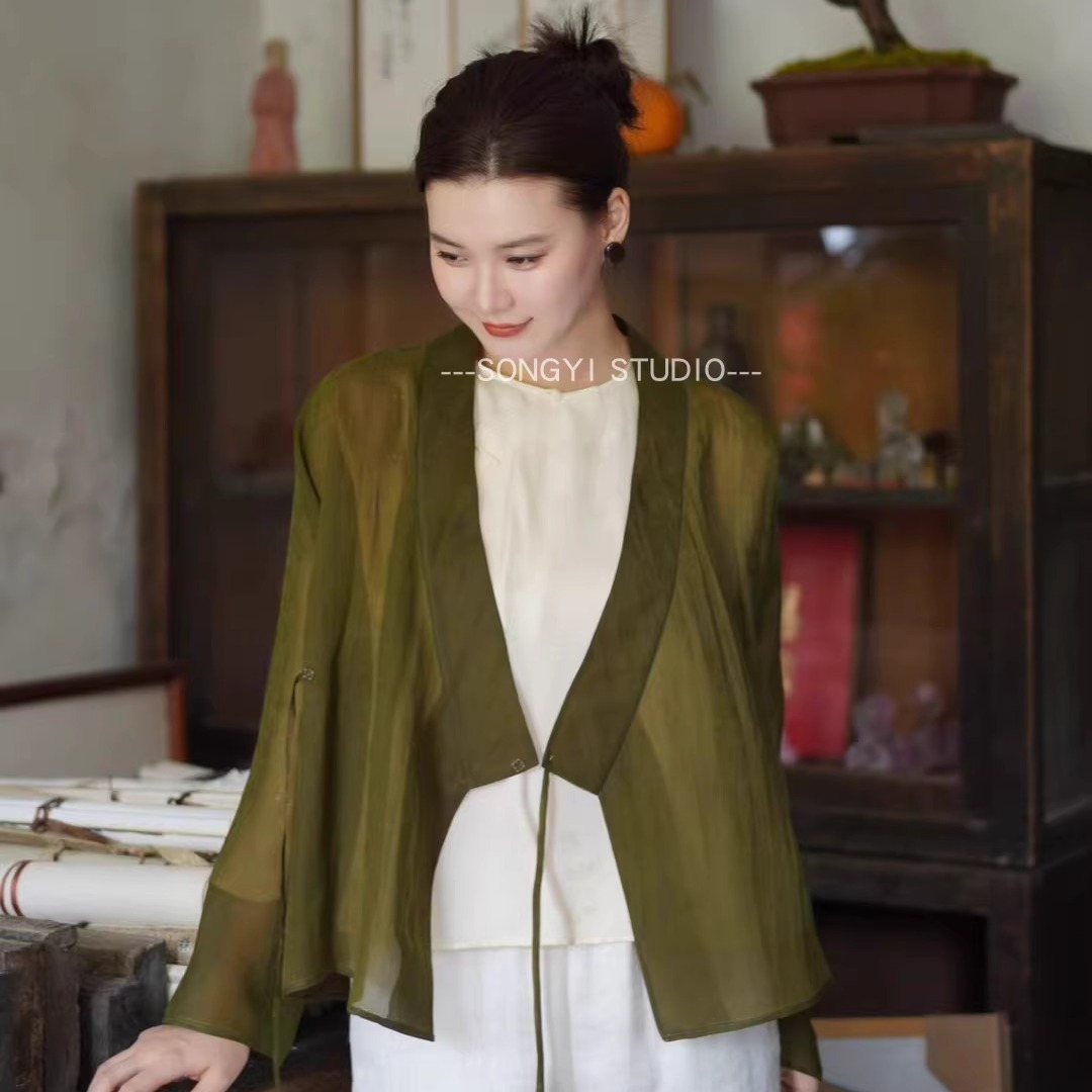 新中式宽松叉领真丝上衣外套