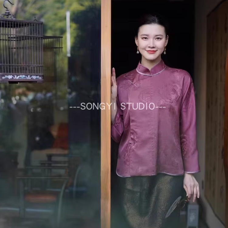桑蚕丝花萝新款立领斜襟上衣