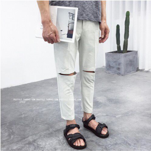 ▲STYLE▲2022新品英伦时尚破洞小脚裤男士百搭纯色休闲九分裤潮
