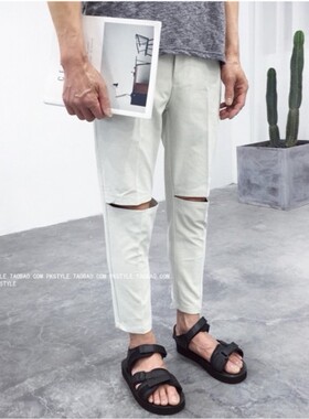 ▲STYLE▲2022新品英伦时尚破洞小脚裤男士百搭纯色休闲九分裤潮