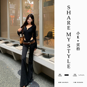 套装 连体T恤女V型中低腰蕾丝微喇拖地长裤 XXIAOK 性感深V长袖