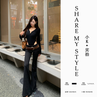 连体T恤女V型中低腰蕾丝微喇拖地长裤 性感深V长袖 套装 XXIAOK