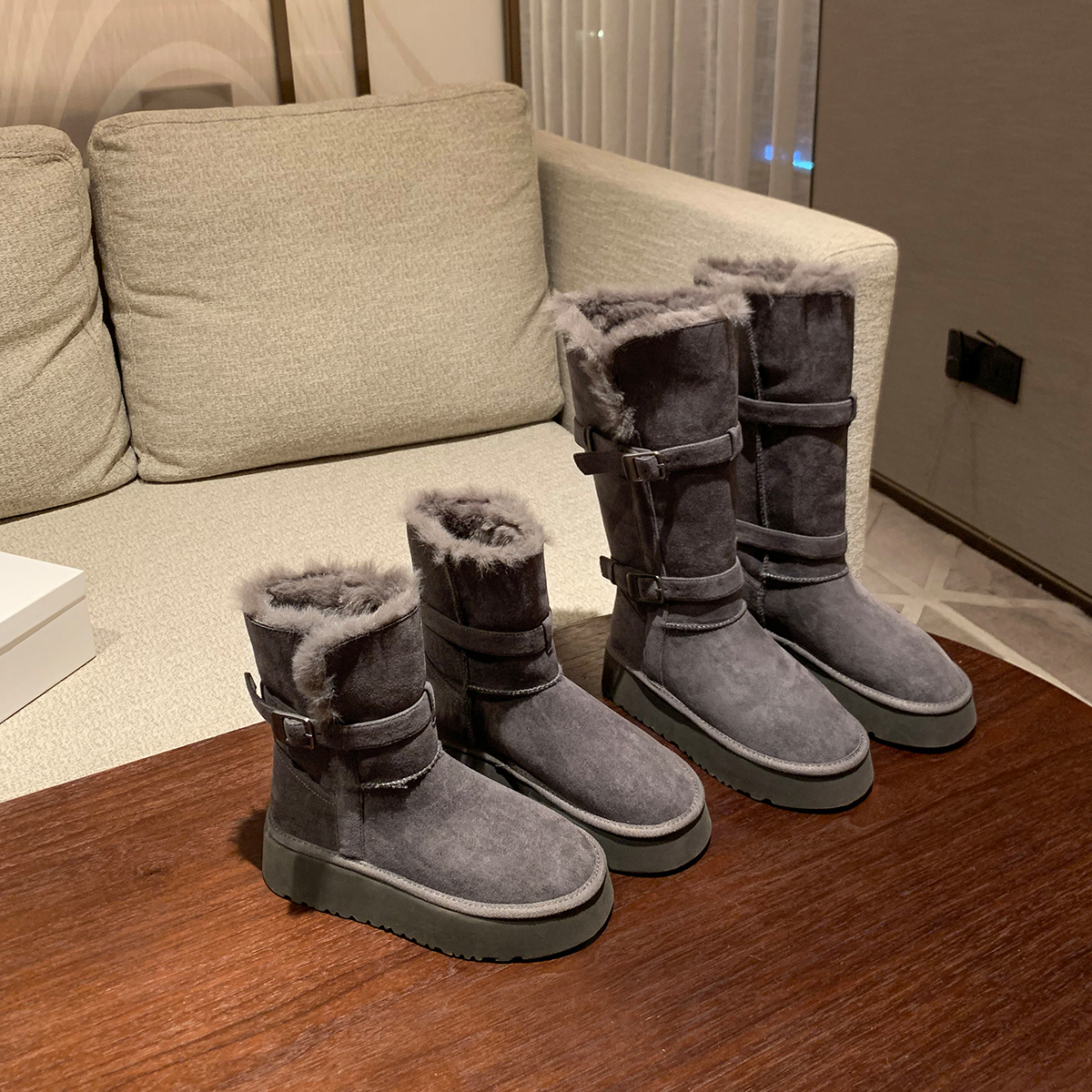 伯爵猫厚底灰色雪地靴女2025冬季新款长筒加绒加厚保暖高筒靴棉鞋