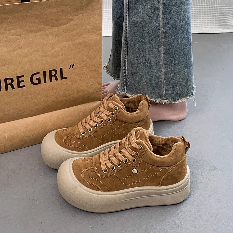 2025新款秋冬加绒保暖高帮棉鞋丑萌面包鞋女厚底松糕毛毛休闲板鞋