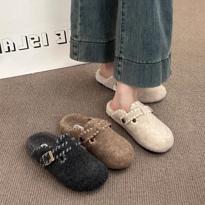 毛呢加绒勃肯鞋包头半拖鞋女外穿2025秋冬新款一脚蹬厚底毛毡棉拖