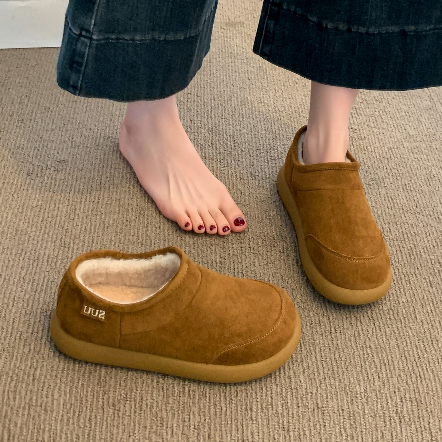 卡皮巴拉小个子雪地棉靴2025年新款丑萌大头一脚蹬平底休闲棉靴