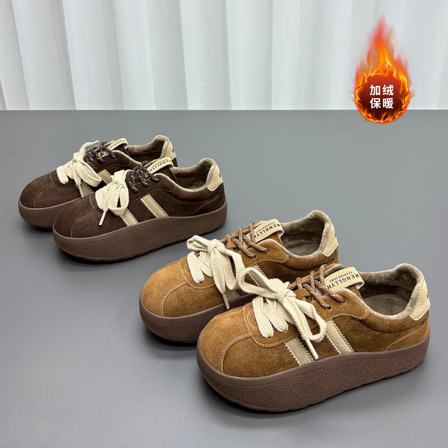 复古厚底德训鞋女加绒保暖休闲板鞋系带运动鞋棕色二棉面包鞋棉鞋