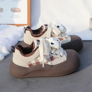 2025冬季加绒厚底面包鞋女学生保暖系带休闲板鞋丑萌大头鞋小白鞋