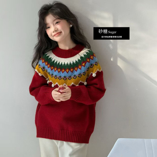 吾束Wooso波拉童装2025冬季新年款女童毛衣韩版中大童针织衫上衣