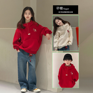 Jasper韩国波拉童装2025冬装新年款女童加绒卫衣韩版中大童拜年装