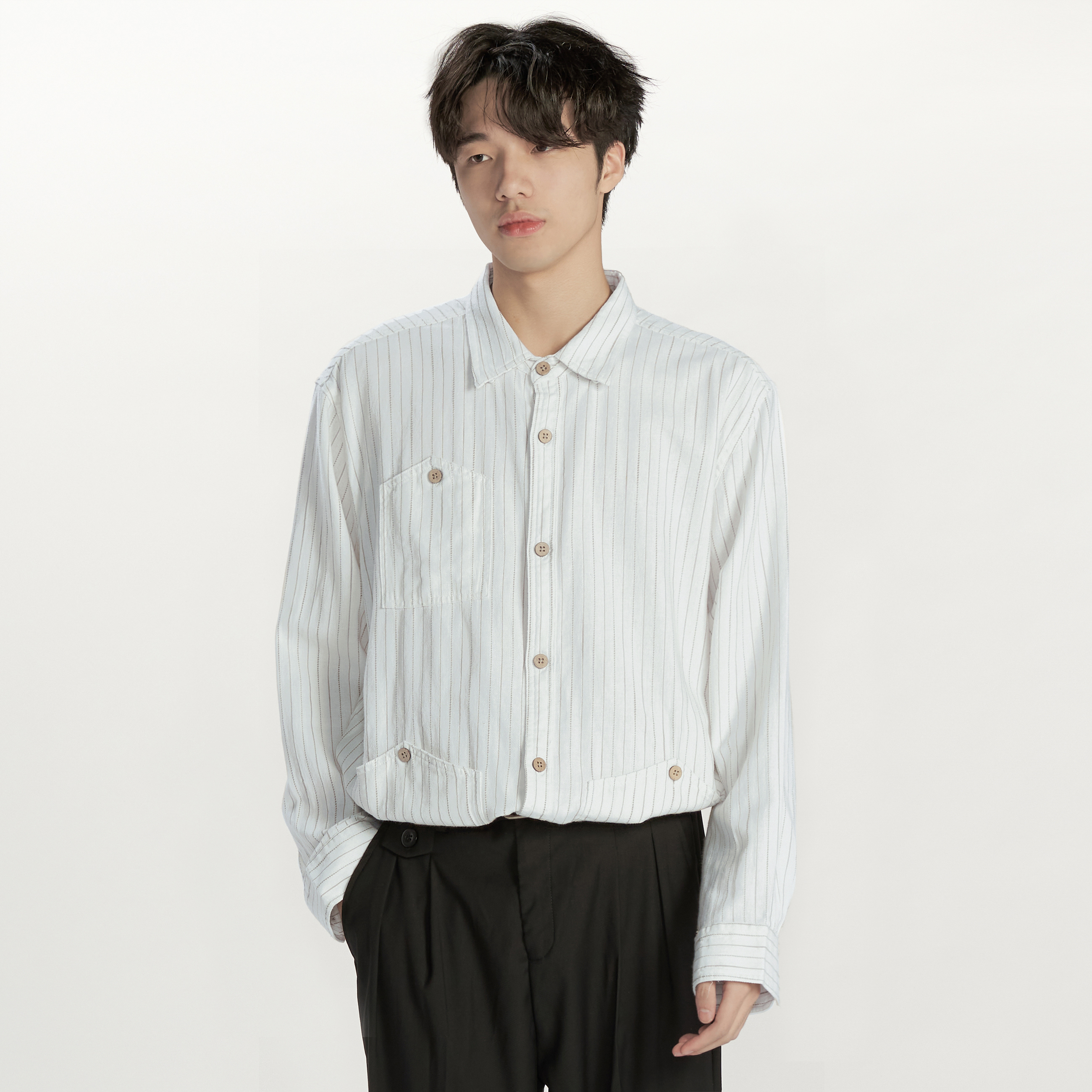 日系宽松文艺风翻领棉麻条纹衬衫