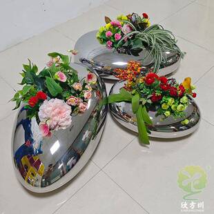 室内商场酒店写字楼大堂走廊鹅卵石镜面不锈钢花盆容器装饰摆件