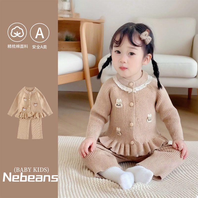 2025秋天婴儿衣服女宝荷叶边开衫蕾丝上衣+裤子 针织毛线衣二件套