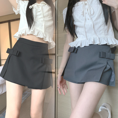 乡美媚灰色高腰a字西装短裙女夏蝴蝶结设计感小众韩系百搭气质裤