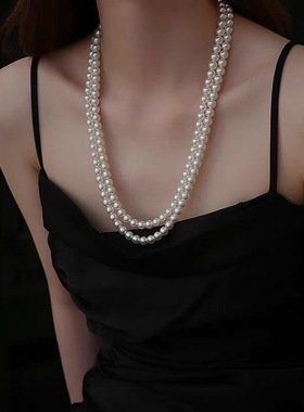 法式925银维纳斯澳白珍珠毛衣链澳白珍珠项链女倪妮同款绸缎光泽