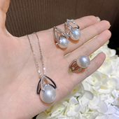 s925银热巴同款 珍珠吊坠项链戒指耳钉三件套澳白珍珠锁骨链项链女